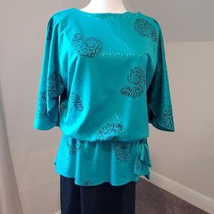 Vintage T Fe Dress Womens 10 Teal Green Black 90s Office Church Elastic Waist